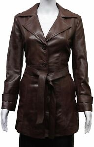 Women's Genuine Real Leather Coat Brown Trench Long Jacket Button Belt