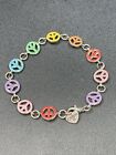 Silver Tine Peace Sign Rainbow Enamel Charm Bracelet Signed Charm M
