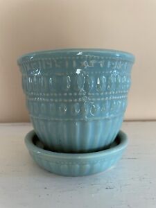 Vintage McCoy Small Flower Pot with Saucer Turquoise Glaze
