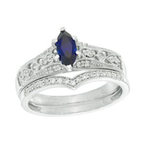 Vintage-Style Bridal Ring Set 10K White Gold Blue Sapphire & Natural Diamond
