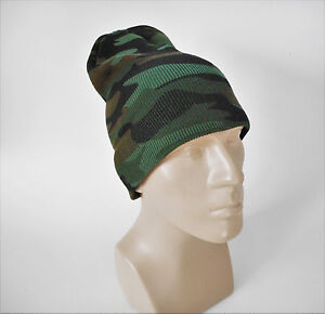 Winter Camo Beanie Watch Cap Green Camouflage 2-Layer One Size Acrylic Hiking