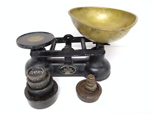 Vintage Salter Kitchen Scales Black cast Iron with Bowl & Weights Z7