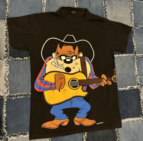 Vintage Taz Warner Bros Changes T-Shirt Size M Black Double Sided 90s Cowboy