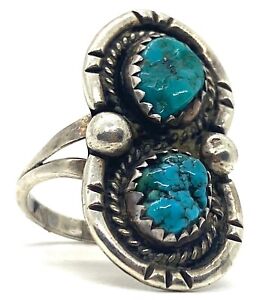 Old Pawn Twin Raw Turquoise Sterling Silver Ring Vintage Size 8 Unisex