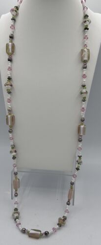 Vintage Art Glass Pink Green Flower Long Beaded Necklace 32 Inch