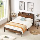 Bed frame with charging station full size, Rustic Brown,with Storage Headboard