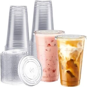 100 Sets (16Oz)Disposable Clear Plastic Cups with Flat Lids and Straws