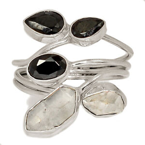 Black Onyx & Herkimer Diamond 925 Sterling Silver Ring Jewelry s.8 CR39307