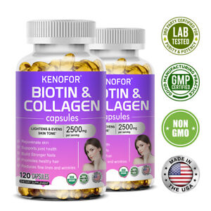 Collagen & Biotin Hair Vitamins - Extra Strength - Non-GMO - 120 Capsules