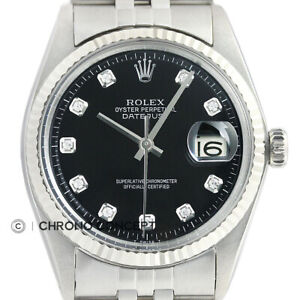 Mens Rolex Datejust 18K White Gold & Stainless Steel Black Diamond Watch
