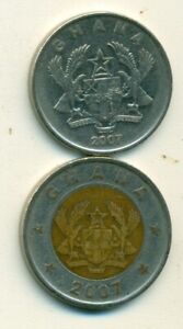 2 COINS from GHANA - 50 PESEWAS & 1 CEDI (BOTH 2007)...1 CEDI is BI-METAL