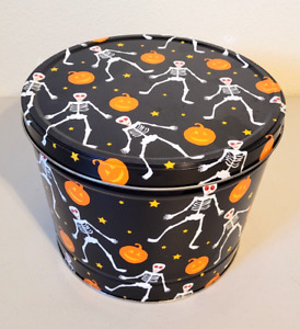 New ListingVintage Popcorn Factory Halloween Skeleton Jack O Lantern Metal Tin Container