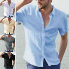 Mens Short Sleeve Linen Shirts Formal Casual Loose Solid Shirt Blouse Tops Beach
