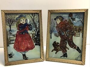 New ListingReverse Painted Glass VICTORIAN BOY & GIRL S Kazan vtg Antique framed paintings￼