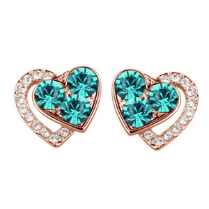 Crystal Elegant 18K Gold Plated Turquoise Heart Stud Earrings Valentine Gifts