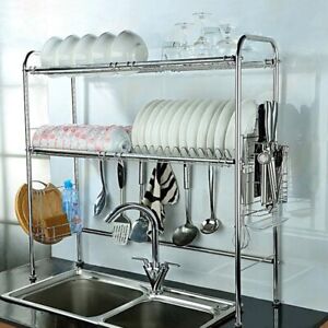 2-Tier Over Sink Dish Drying Rack Stainless Steel Kitchen Storage Shelf, Silver