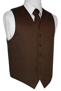 Men's Chocolate Satin Formal Dress Tuxedo Vest, Tie & Hankie Set. Wedding, Prom
