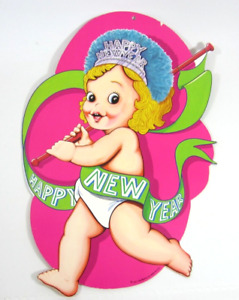 Happy Baby New Year VTG 1977 Beistle Paper Poster Wall Window Girl Decor Sign
