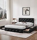 Queen Faux Leather Platform Bed Frame with Adjustable Headboard and 4 Drawers