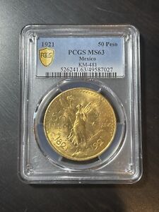 1921 MEXICO GOLD 50 PESO COIN PCGS MS63 Centenario Mexican Pesos