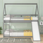Modern House Bunk Bed with Slide & Staircase Wooden Twin Bed Frames Bedroom Set