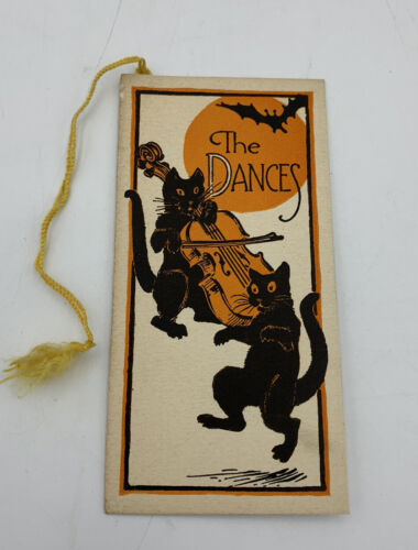 ANTIQUE HALLOWEEN DANCE CARD WITH CATS AND BAT