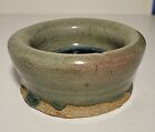 Studio Art Hand Thrown Pottery Bowl Signed Tan Crackled w/Teal/Green Glaze