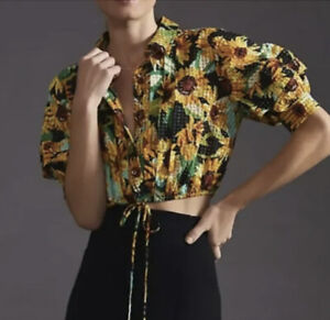 NWT Anthropologie XSP XS Sunflower Crop Top Blouse Tie Waist Sheer Check $120