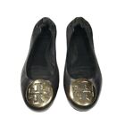Tory Burch Reva Ballet Flats Slip-On Shoes Women's 5.5 Black Leather Gold Emblem