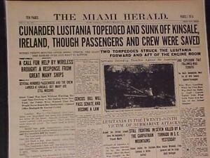 VINTAGE NEWSPAPER HEADLINE~ WORLD WAR 1 GERMAN SUB SINKS LUSITANIA SHIP WW1 1915