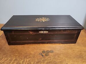 New ListingRARE Antique 1882 Coin Operated Swiss Cylinder Music Box 8 Airs Walnut Case &Key