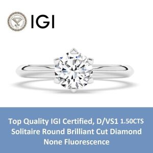 D/VS1, 1.50 Ct, Solitaire Lab-Created  Diamond Engagement Ring, 18K White Gold