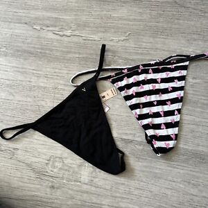 2X Lot Victoria Secret V String Bikini Black, White Pink Heart ST11173458 Size L
