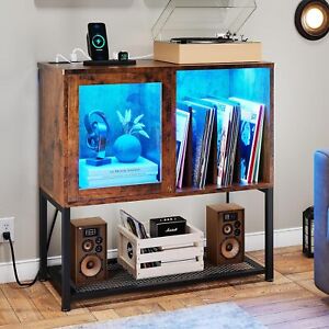 Record Player Stand Turntable Stand with Power Outlet and LED Light Home Cabinet
