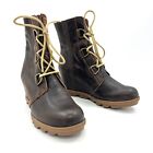 Sorel Joan of Arctic Wedge Brown Leather Winter Boots Women's Size 9.5