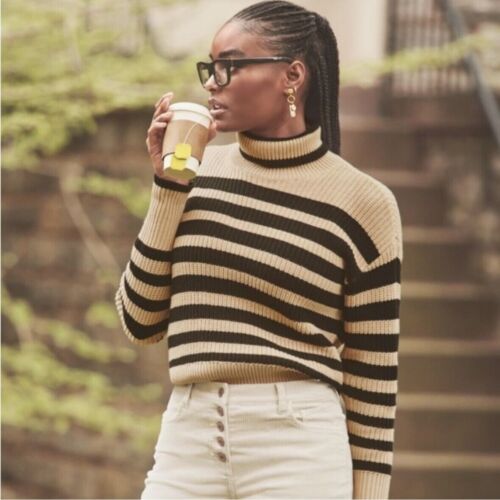 CABI Pullover Sweater Turtleneck Women XS Beige Black Stripes Cotton Blend