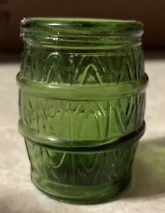 small green glass toothpick holder shot glass barrel design 2” tall vintage