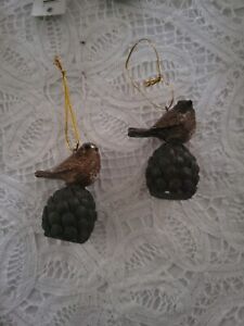 Set Of 3 Bird On Pinecone Christmas Ornaments