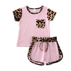 Baby Girls Leopard Print Clothes Set, O-neck Tops with Pocket+Shorts Summer