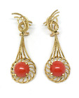 Antique/Vintage 18 k Yellow Gold Red Coral Dangle Earrings Omega Back- Signed RM