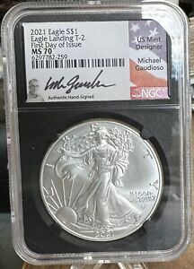 New Listing2021 T2 AMERICAN SILVER EAGLE NGC MS70 MICHAEL GAUDIOSO SIGNED FIRST DAY ISSUE