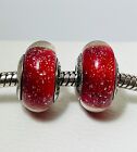 2 Pandora Murano Glass Charms Mother's Day Red Shimmer Glitter All Around NEW
