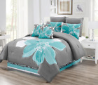 8 - Piece Aqua Blue, Grey, White Floral Comforter Set California Cal King Size +