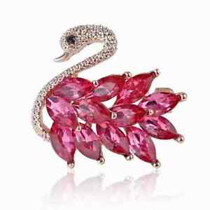 Elegant Vintage Crystal Swan Brooch Rhinestone Animal Rose Red Women Fashion New