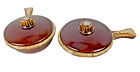 HULL Covered Soup Bowls w/Handle & Lid Oven Proof Brown Drip Glaze Set of 2 USA