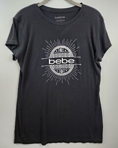 Bebe Logo Tee T-Shirt Fitted Black & Silver Womens L Short Sleeve Top
