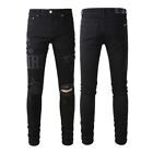Men's Skinny fit stretch ripped Denim jeans, embroidered Faux leather patched
