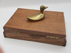 Vintage Wood Playing Card Holder Box with  Brass Duck Figure with Cards