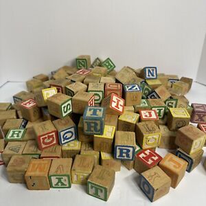 Vintage Lot of 35  Wood Alphabet Building Blocks Children's Wooden Letter Number