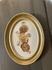 Vintage Pressed Dried Flower Art in Gold Oval Wood Frame